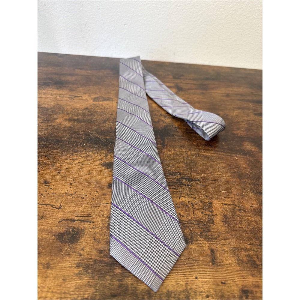 Lauren Ralph Lauren Men’s Silk Necktie — Grey Striped Geometric — 3” x 57” — EUC
